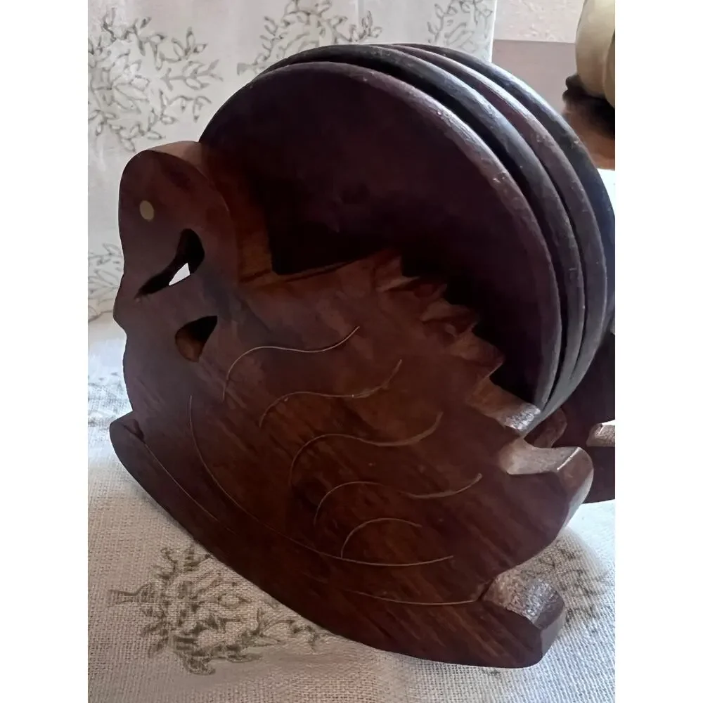 Vintage Wood Coaster set with Hand Crafted Rocking Swan Caddy in Good Condition
